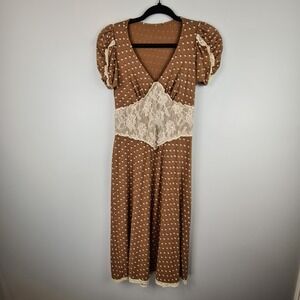 Y2K Dress‎ Brown Babydoll Polka Dot Vtg Lace Detail Midi XS Women's V Neck READ